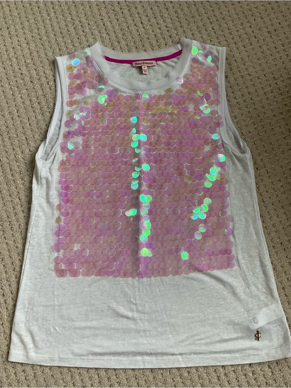 Juicy Couture White Tank with Iridescent Pink Sequins